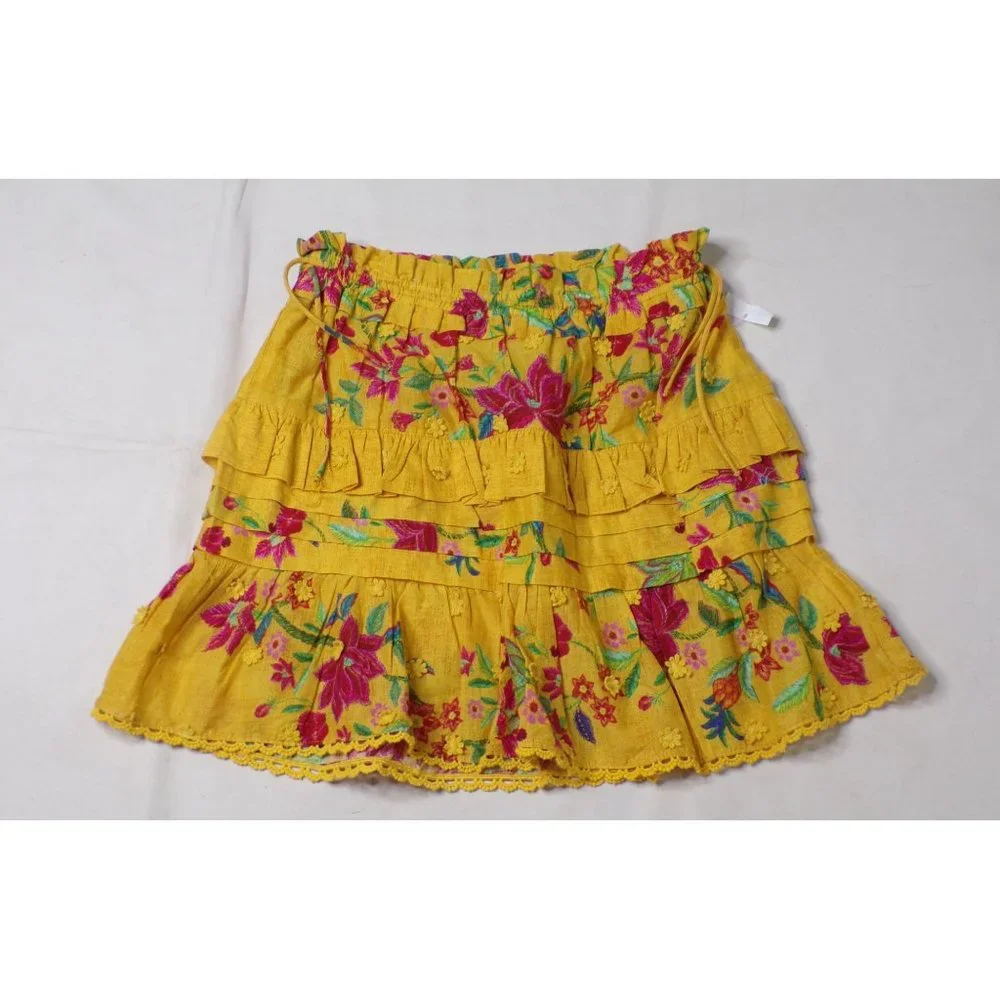 🆕 FARM RIO Flower Dream Tiered Cotton Mini Skirt Yellow Small - Picture 8 of 11